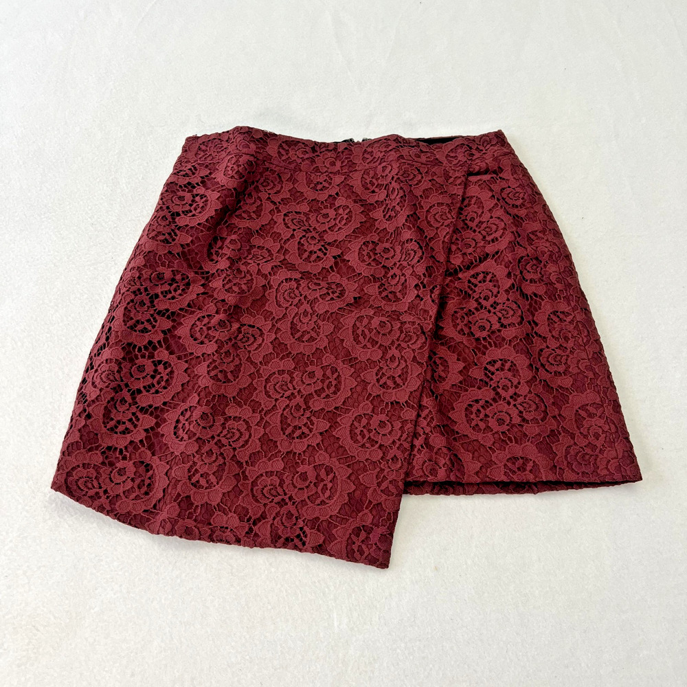 Madewell Mini Skirt Womens 4 Burgundy Red Lace Floral Asymmetric Preppy Feminine